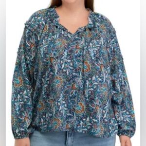 Wonderly Long Sleeve Tie Front Ruffle Paisley Peasant Blouse Blue & Brown